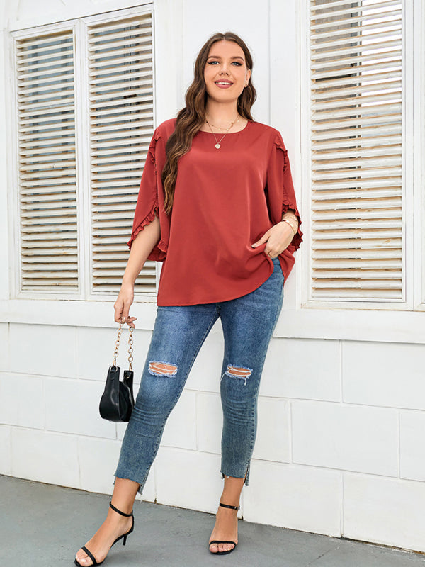 Plus Size Ladies Shirt Red Half Sleeve Loose Top