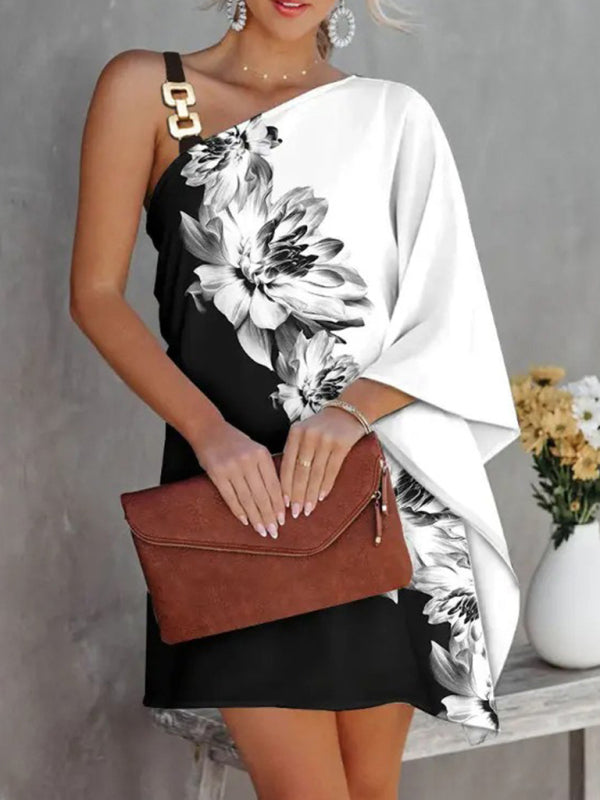 Women's Fashion Print Sexy Diagonal Neck Strapless Dress