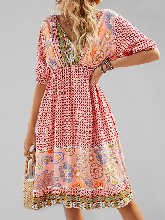 Women's Woven V-Neck Short Sleeve Bohemian Resort Dress