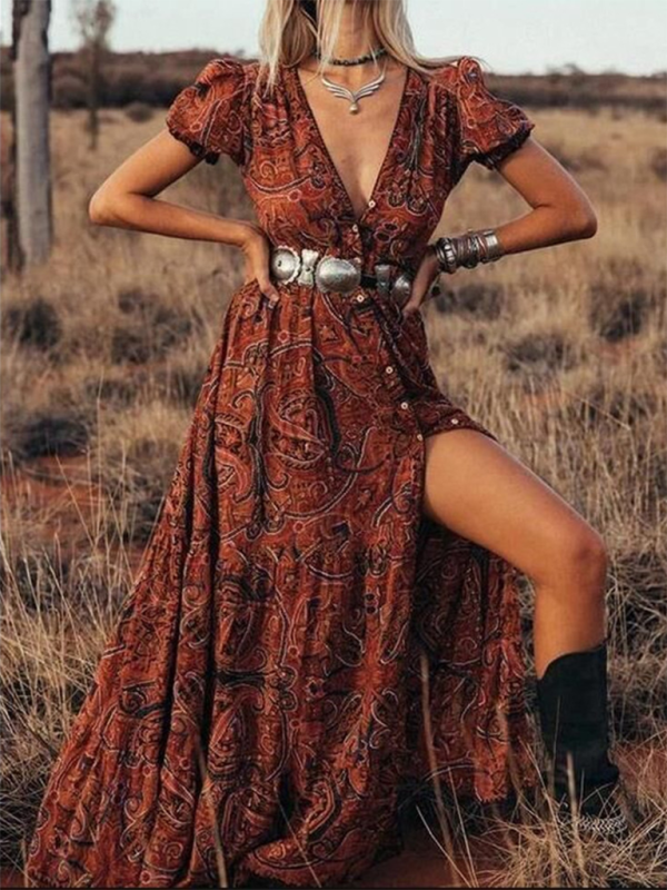 Women's sexy printed V-neck short-sleeved bohemian resort dress (belt not included)