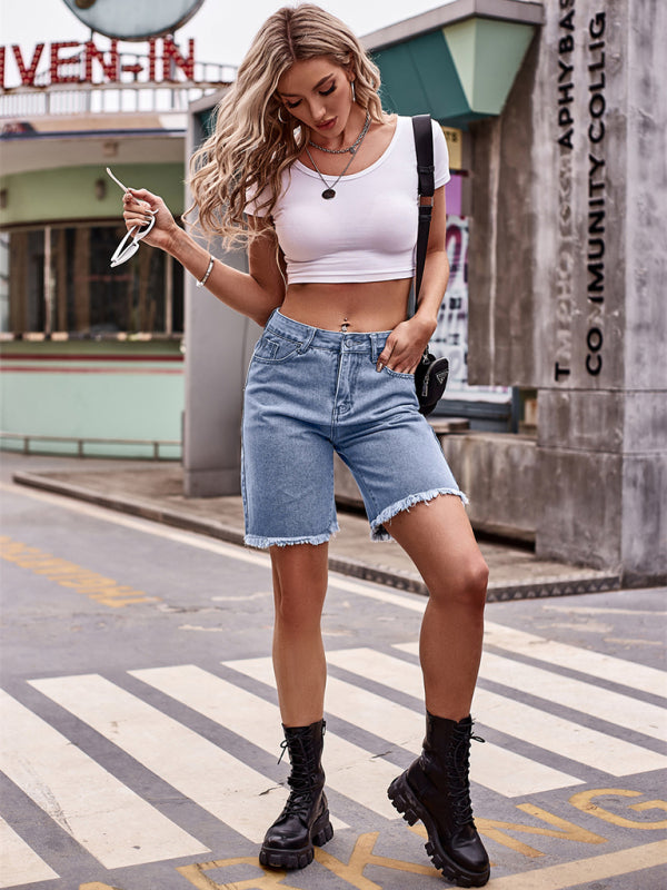 New all-match raw edge straight denim cropped pants casual shorts