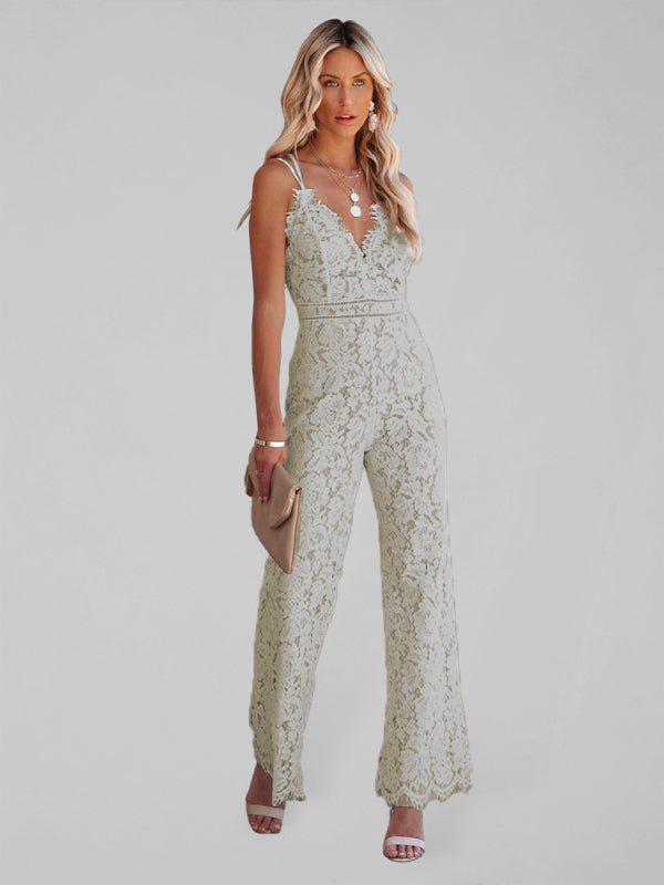 Sexy Temperament Elegant Lace Jumpsuit Mid Waist Casual Pants Smooth Lining