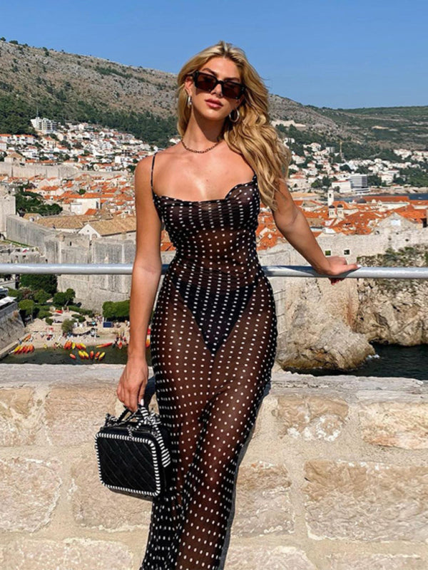 Women's new mesh see-through back lace-up dress