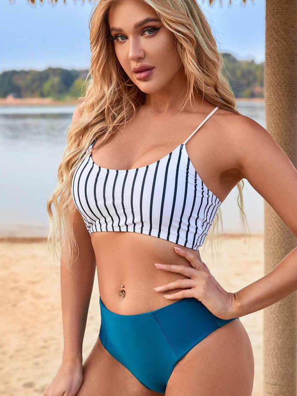 New high waist split bikini skinny swimsuit striped beach vacation bikini