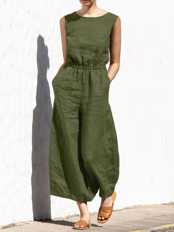 Solid color high waist sleeveless trousers women's fashion casual loose-fitting temperament jumpsuit