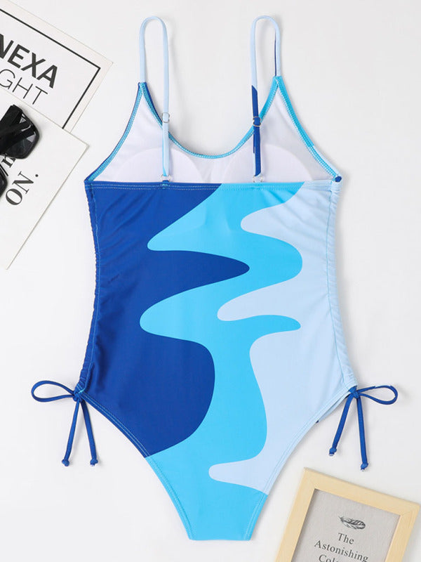 New One-Piece Swimsuit Multicolor Stitching Drawstring Corrugated Ladies Swimsuit