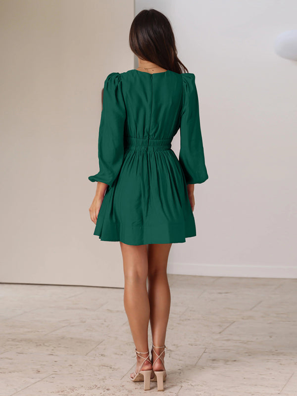 Deep V Neck Dress Long Sleeve Pleated Skirt Splicing Dress