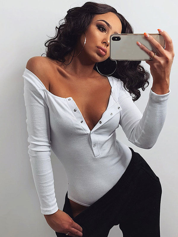 Sexy Tight Casual Buttoned Long Sleeve bodysuit