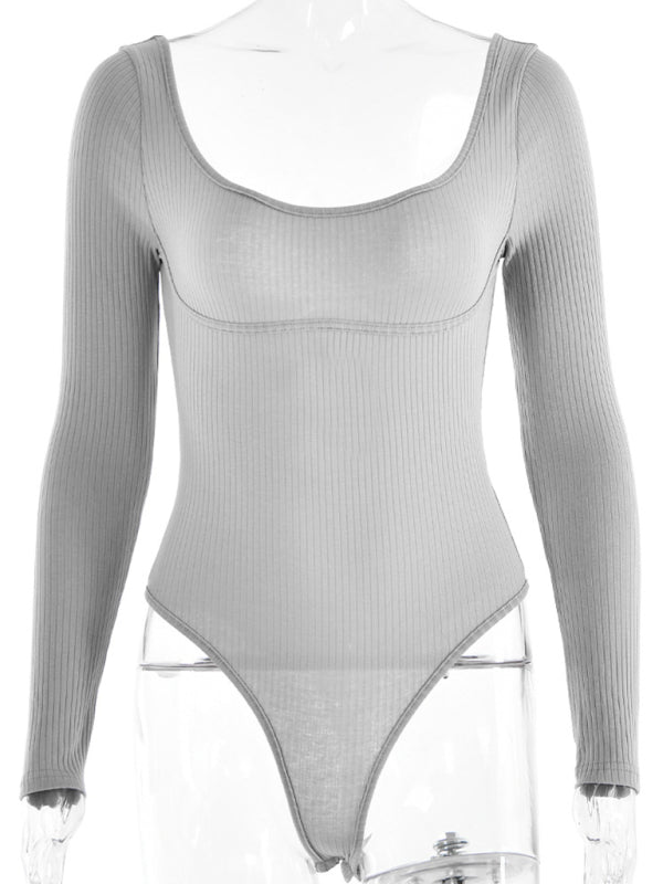 Square neck sexy backless long sleeve bodysuit