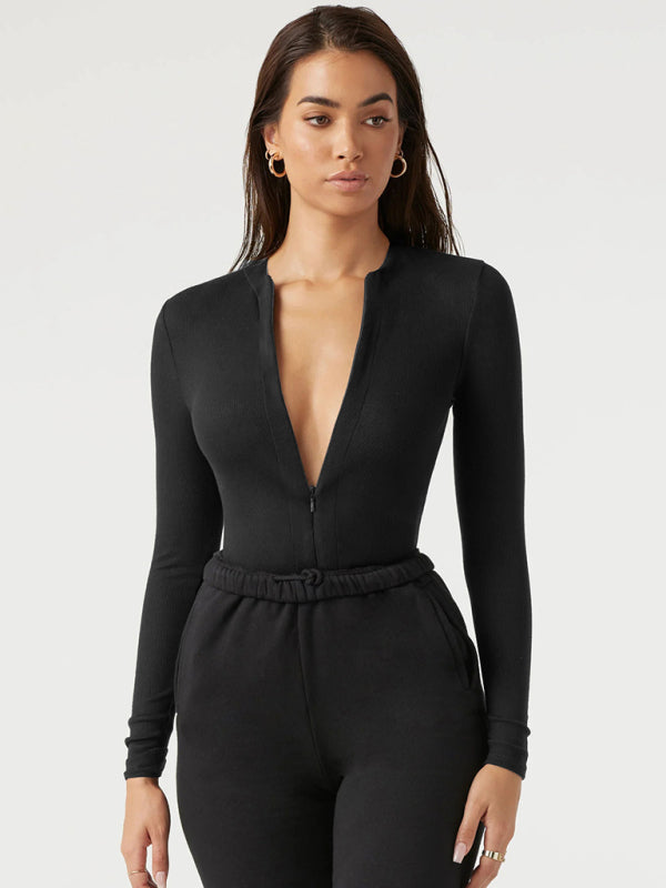 Zippered placket sexy long sleeves bodysuit