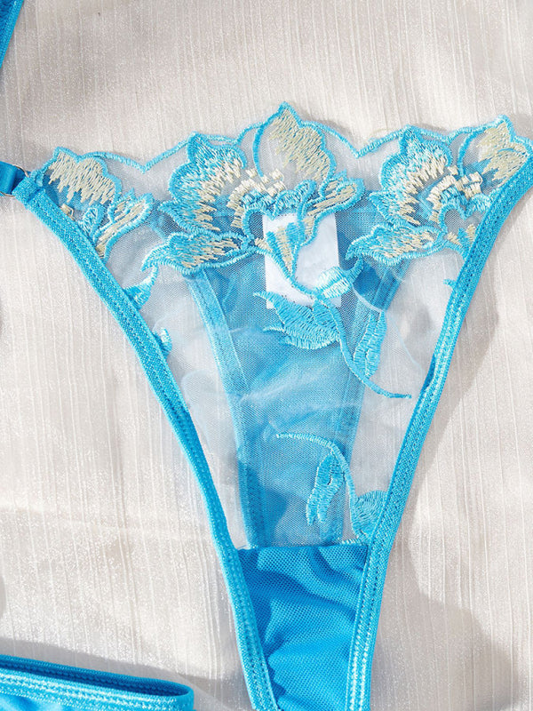 New sexy and interesting lace embroidery flower see-through underwear and garter set
