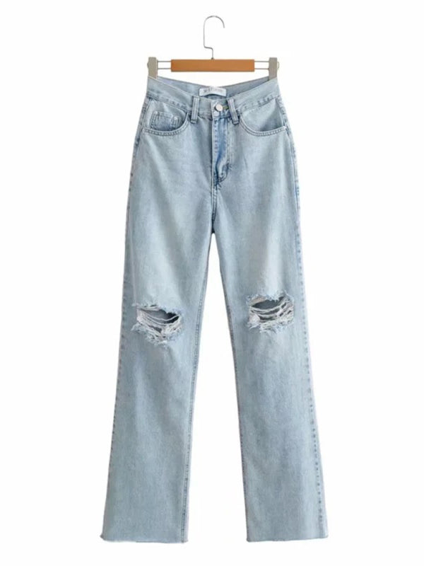 Street loose jeans, ripped raw edge straight pants, floor mopping pants