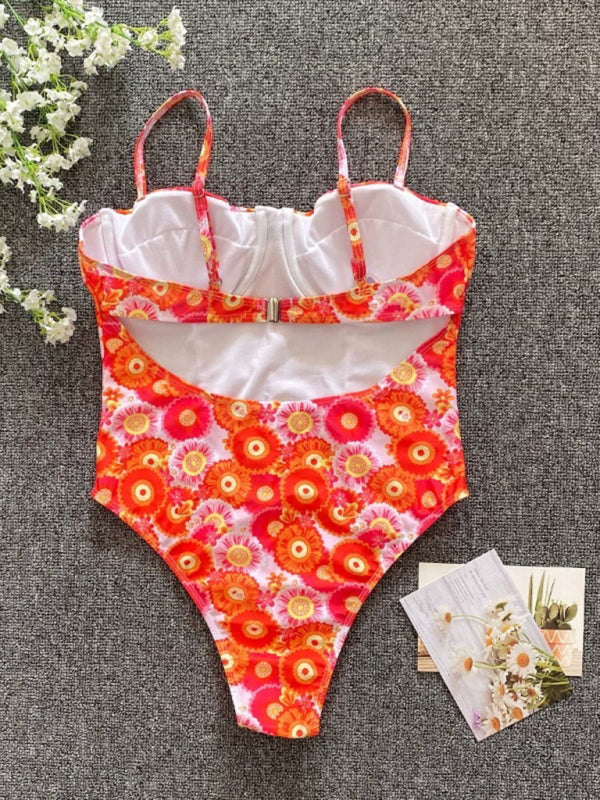 New flower one-piece low-cut high-cross swimsuit