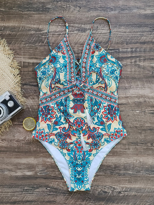 New deep V strappy one-piece swimsuit cashew flower print triangle one-piece swimsuit