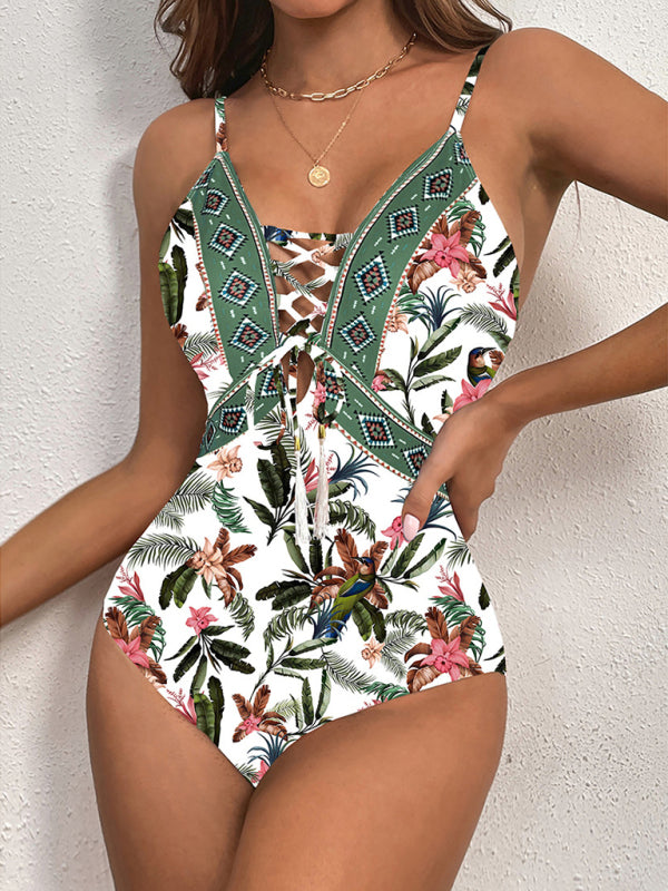 New deep V strappy one-piece swimsuit cashew flower print triangle one-piece swimsuit