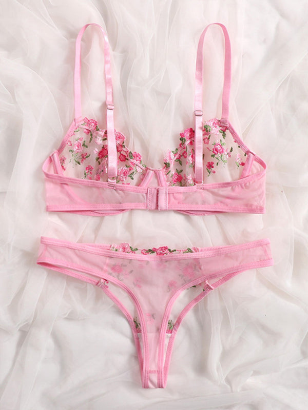 New women's sexy see-through floral lingerie set