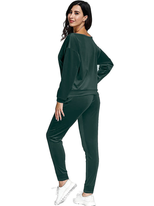 Women's gold velvet sports pants and sweatshirt two-piece set