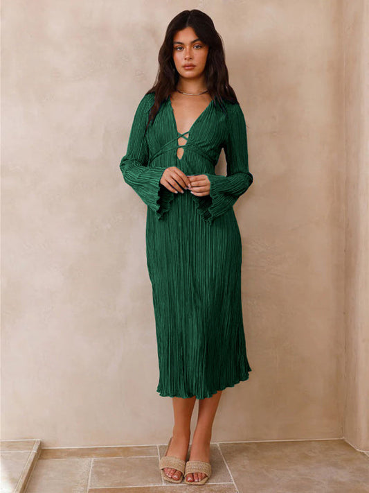 Women's lace-up pleated bell sleeve dress