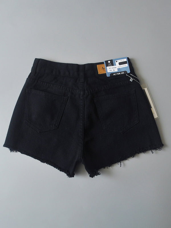 Women's high-waisted buttoned-up washed ripped raw edge denim shorts hot pants