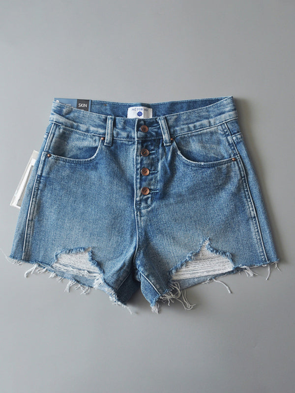 Women's high-waisted buttoned-up washed ripped raw edge denim shorts hot pants