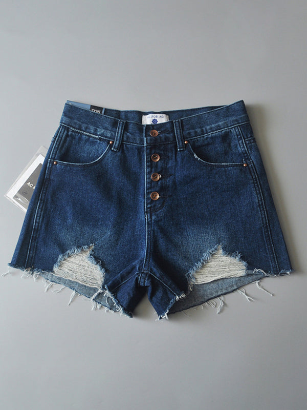 Women's high-waisted buttoned-up washed ripped raw edge denim shorts hot pants