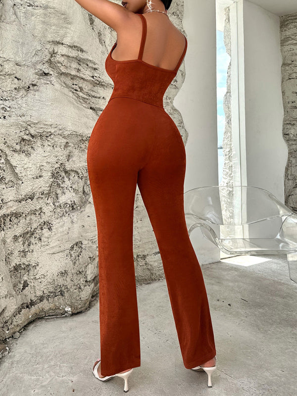 Sexy solid color metal jumpsuit with suspenders