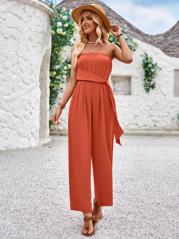 Eco-friendly Solid color tube top and waist slim fit jumpsuit
