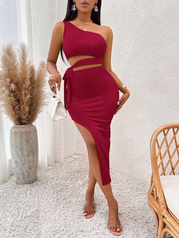 Eco-friendly Casual solid color slope neck tied waist knitted hip dress