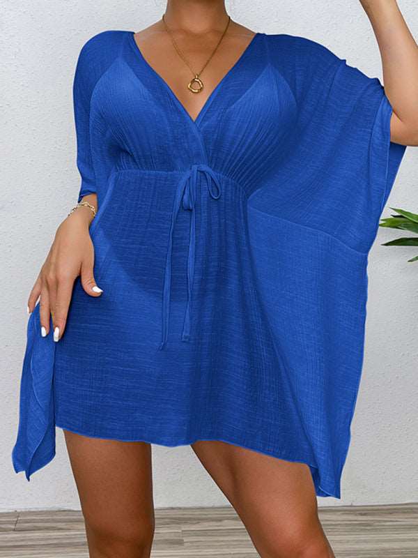 Eco-friendly Drop shoulder loose beach cover-up solid color sun protection shirt waist tie bikini cover-up
