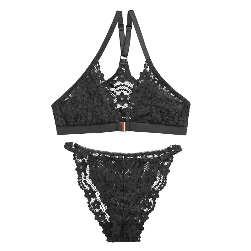 Front Button Net Lace Cup Back Bra and Thong Set