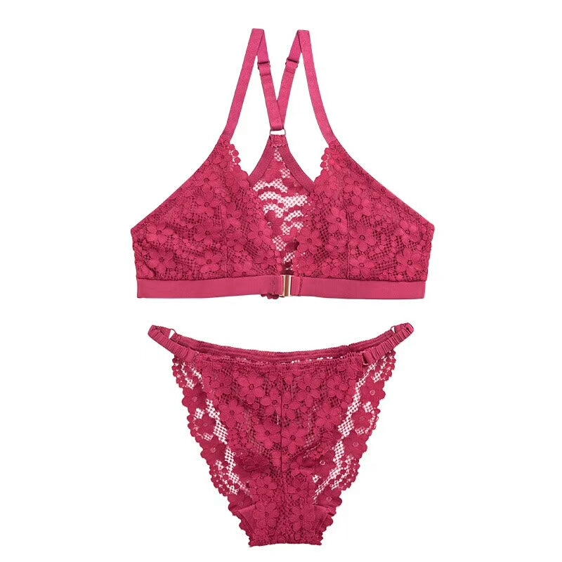 Front Button Net Lace Cup Back Bra and Thong Set
