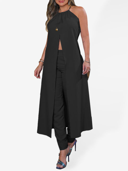 Women's Halter Neck Sleeveless Solid Color Backless Loose Top + High Waist Pants Set Sizing: True to size Material composition: 95% Polyester, 5% Elastane/Spandex Sleeve type: Dropped shoulder sleeves Clothing type: A Collar: Halter neck Material: Polyest