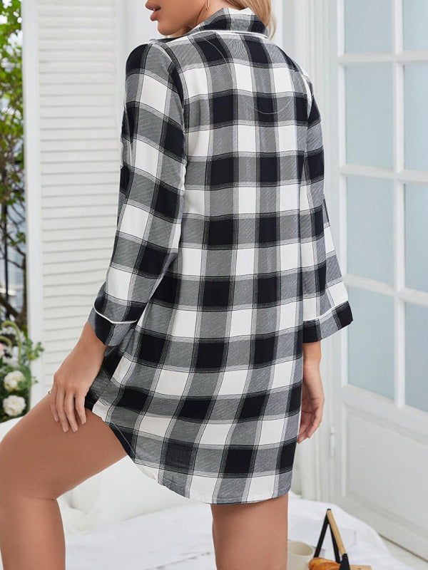 Women's Plaid Long Sleeve Cardigan Home Pajamas Dress