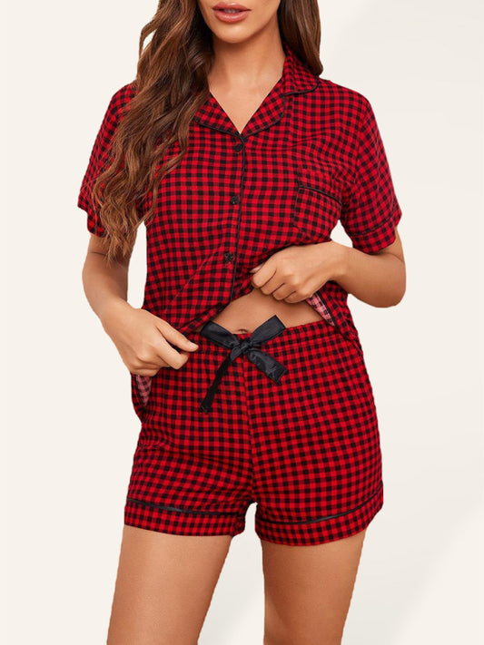 Women's Plaid Short Sleeve Shorts Homewear Set Sizing: True to size Material composition: 60% Polyester, 5% Elastane/Spandex, 35% Rayon Sleeve type: Dropped shoulder sleeves Clothing type: H Material: Polyester Sleeve length: Sleeveless Pattern: Plaid Fab