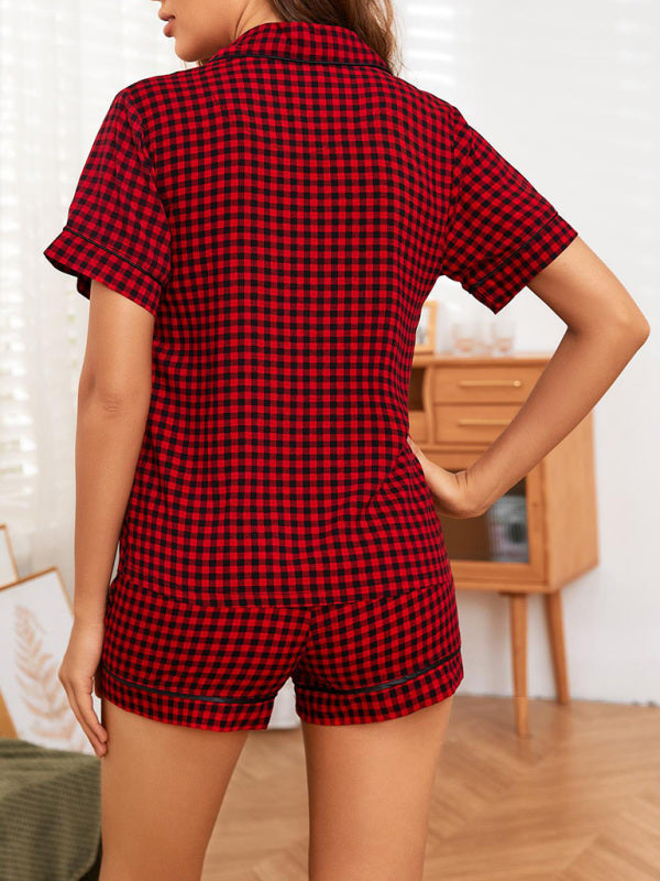 Eco-friendly Women's Plaid Short Sleeve Shorts Homewear Set