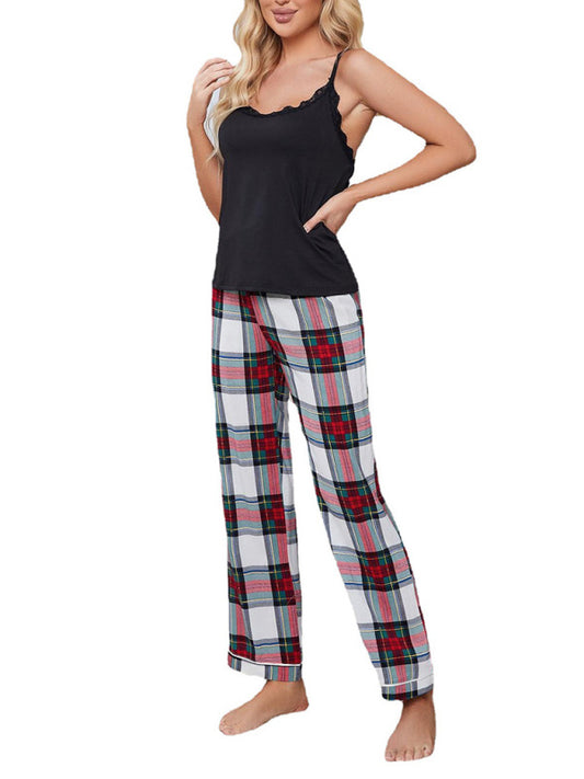 Women's Knitted Suspenders Plaid Trousers Homewear Set Sizing: True to size Material composition: 95% Polyester, 5% Elastane/Spandex Sleeve type: Dropped shoulder sleeves Clothing type: H Collar: Sling Material: Polyester Sleeve length: Sleeveless Pattern