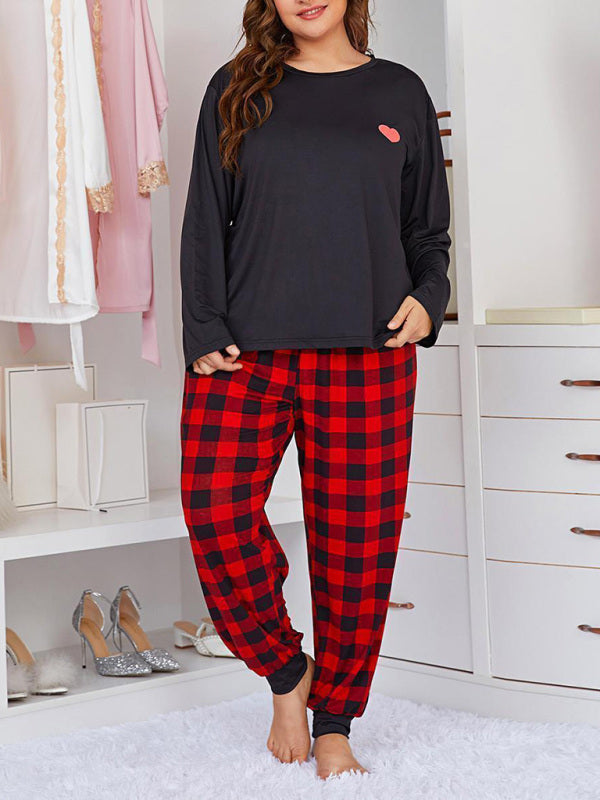 Eco-friendly Plus Size Women's Long Sleeve Plaid Trousers Home Pajamas Set