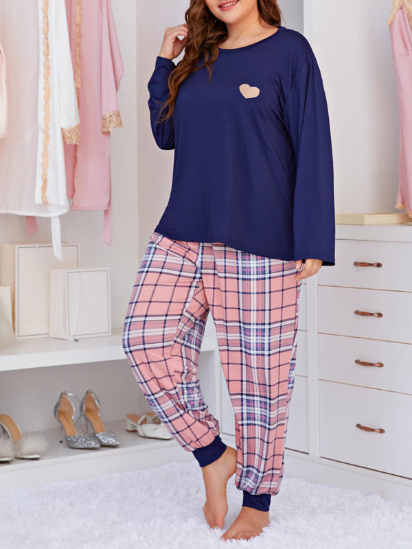 Eco-friendly Plus Size Women's Long Sleeve Plaid Trousers Home Pajamas Set