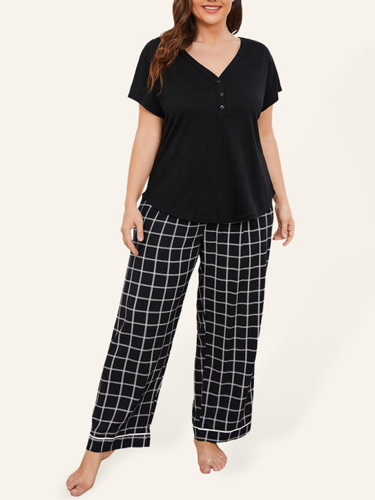 Plus size women's V-neck short-sleeved T-shirt plaid trousers home pajamas set Sizing: True to size Material composition: 60% Polyester, 5% Elastane/Spandex, 35% Rayon Sleeve type: Dropped shoulder sleeves Clothing type: H Collar: V-neck Material: Polyest