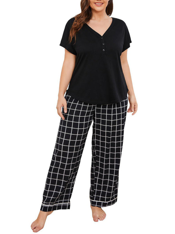 Eco-friendly Plus size women's V-neck short-sleeved T-shirt plaid trousers home pajamas set