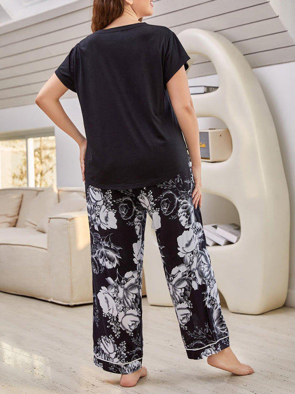 Eco-friendly Plus Size women's V Neck Short Sleeve T-Shirt Floral Trousers Home Pajamas Set