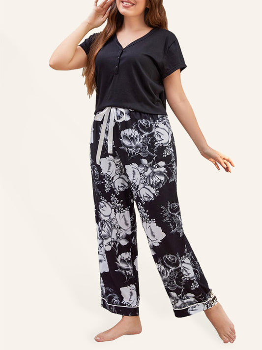 Plus Size women's V Neck Short Sleeve T-Shirt Floral Trousers Home Pajamas Set Sizing: True to size Material composition: 60% Polyester, 5% Elastane/Spandex, 35% Rayon Sleeve type: Dropped shoulder sleeves Clothing type: H Material: Polyester Sleeve lengt