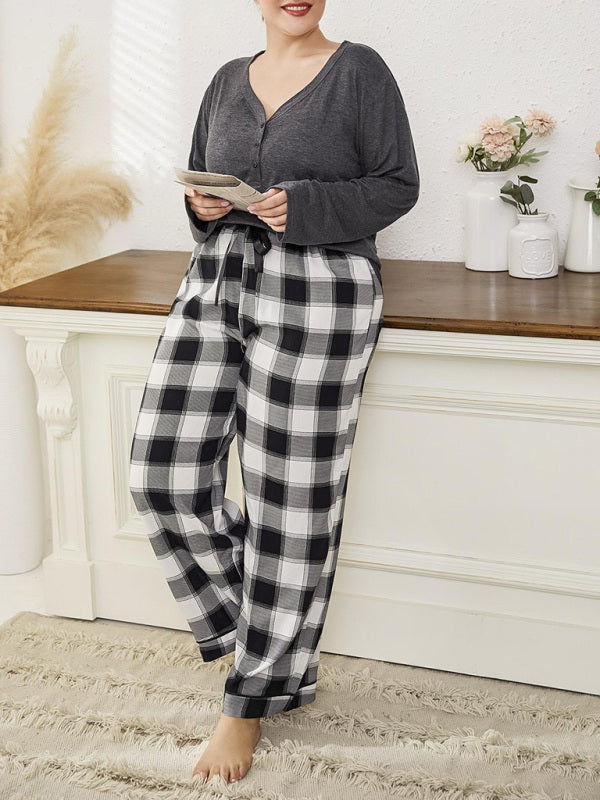 Eco-friendly Plus size women's V-neck long-sleeved T-shirt plaid trousers home pajamas set