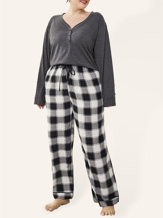 Eco-friendly Plus size women's V-neck long-sleeved T-shirt plaid trousers home pajamas set