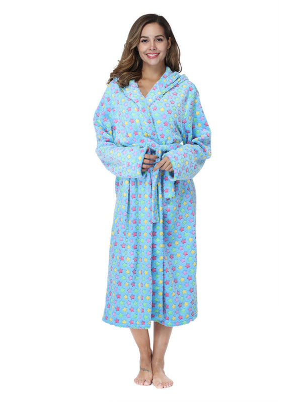 Women's printed lapel casual flannel robe bathrobe