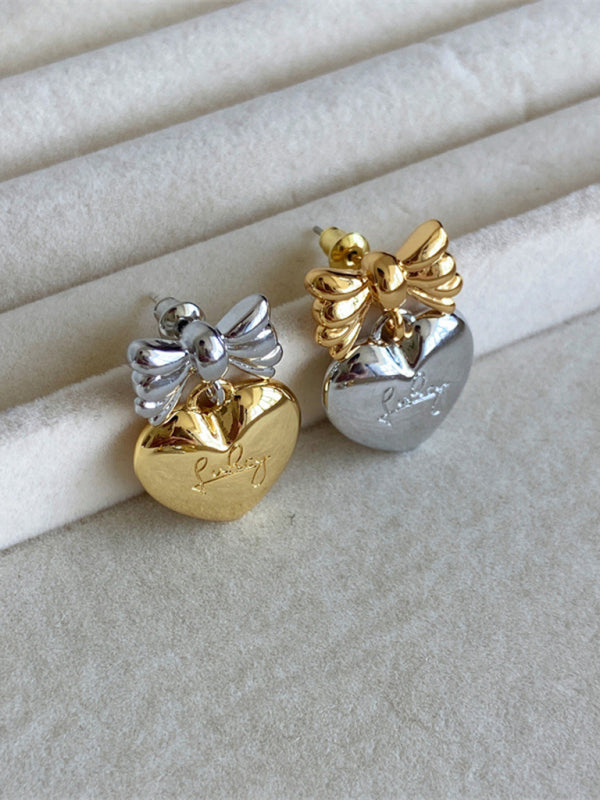 Eco-friendly New versatile sweet and cool heart bow earrings