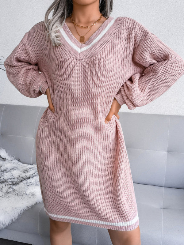 Women's V-neck sweater dress knitted dress (without belt)