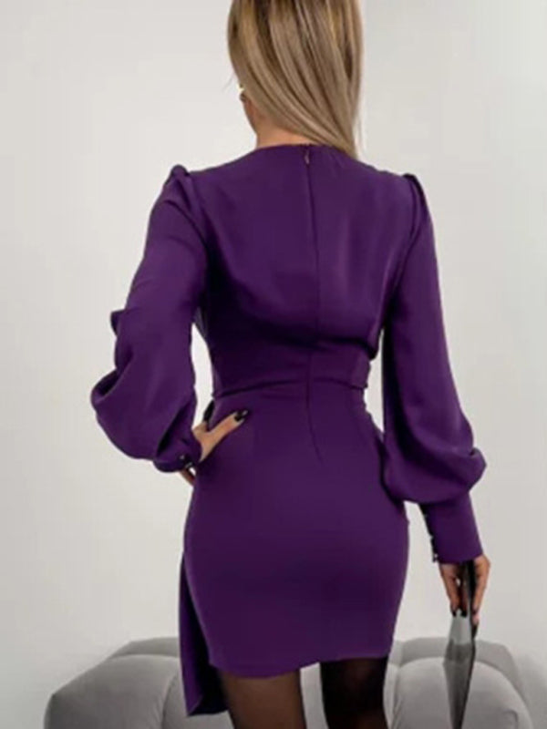 Dress New Solid Color Long Sleeve V Neck Zipper Dress Women