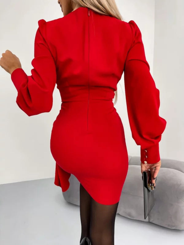 Dress New Solid Color Long Sleeve V Neck Zipper Dress Women