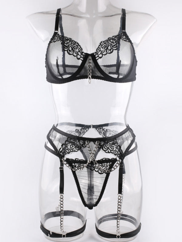 Metal Chain Embroidered Sexy Lingerie Four-Piece Set With Leg Wrap